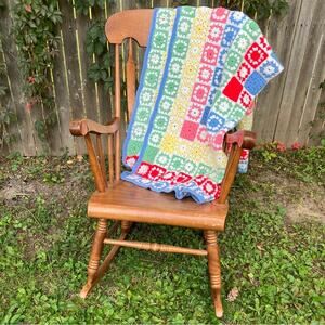 Vintage Colorful Granny Square Crocheted Throw Blanket 48x66"